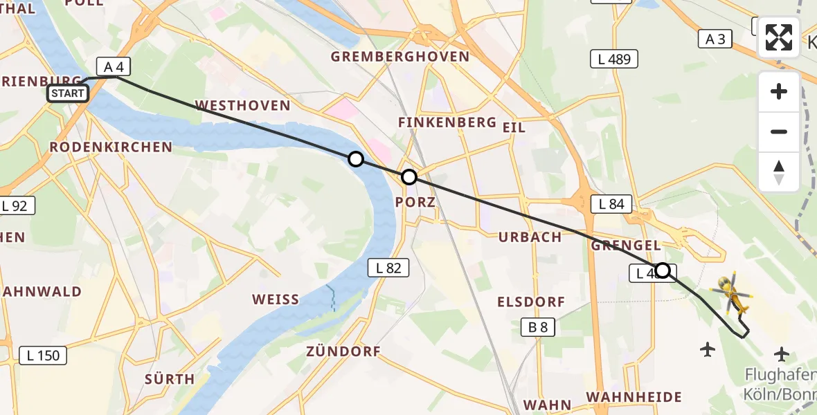 Flugroute Rettungshubschrauber Köln - Köln Bonn Flughafen, 08 Juni 2026, 17:20