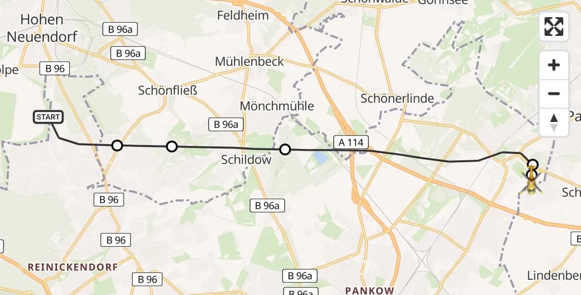 Flugroute Rettungshubschrauber Berlin - Helios Clinic Berlin-Buch, 08 Juni 2026, 17:43