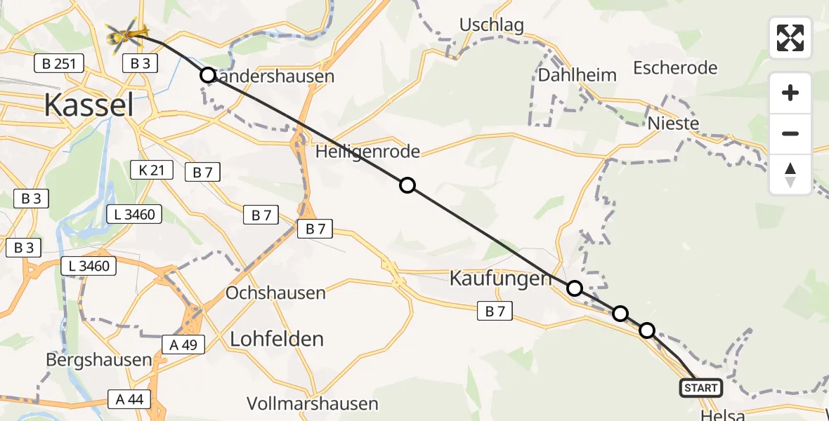 Flugroute Rettungshubschrauber Helsa - Kassel, 08 Juni 2026, 17:47