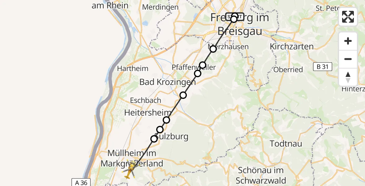 Flugroute Rettungshubschrauber Freiburg University Hospital Heliport 1 - Müllheim im Markgräflerland, 08 Juni 2026, 17:51