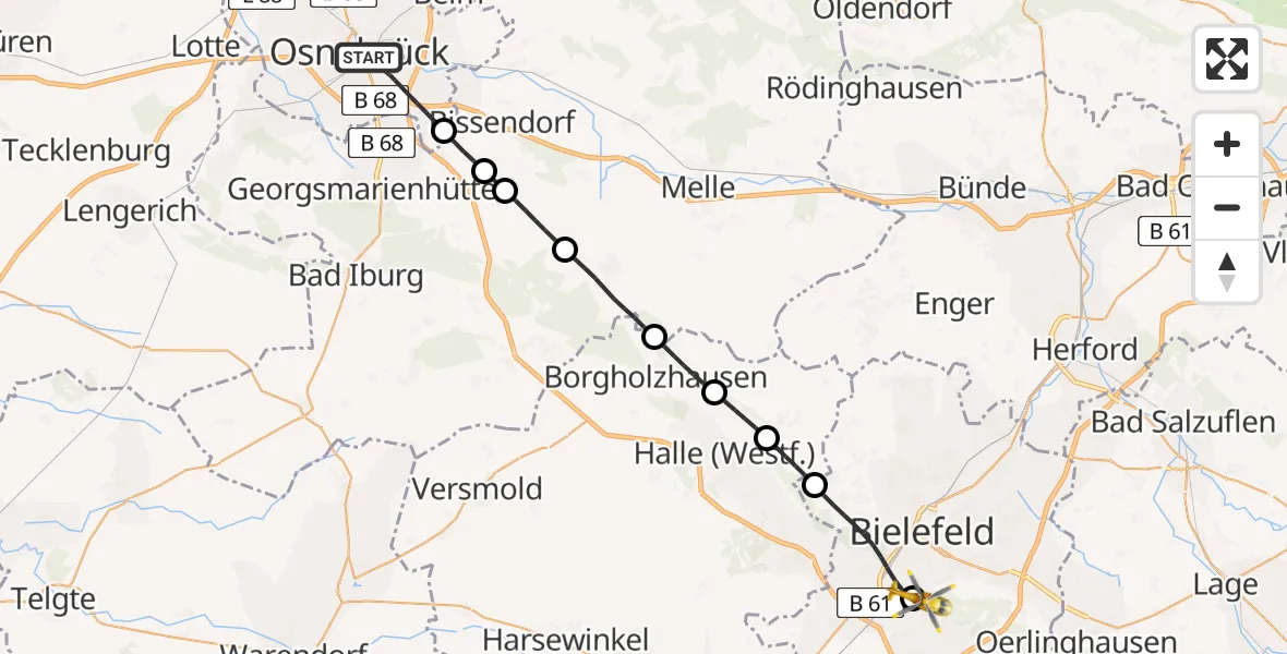 Flugroute Rettungshubschrauber Osnabrück - Luftrettungszentrum Bielefeld, 08 Juni 2026, 17:59