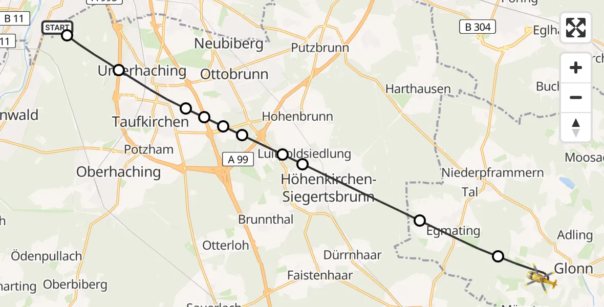 Flugroute Rettungshubschrauber ADAC Air Rescue Center Hubschrauberlandeplatz (Christoph 1) - Glonn, 08 Juni 2026, 18:06