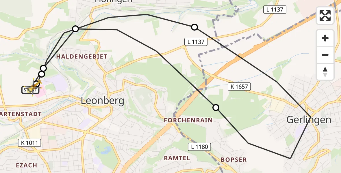 Flugroute Rettungshubschrauber Leonberg Hospital - Leonberg Hospital, 08 Juni 2026, 18:10