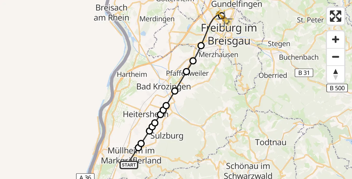 Flugroute Rettungshubschrauber Müllheim im Markgräflerland - Freiburg im Breisgau Flugplatz, 08 Juni 2026, 18:21