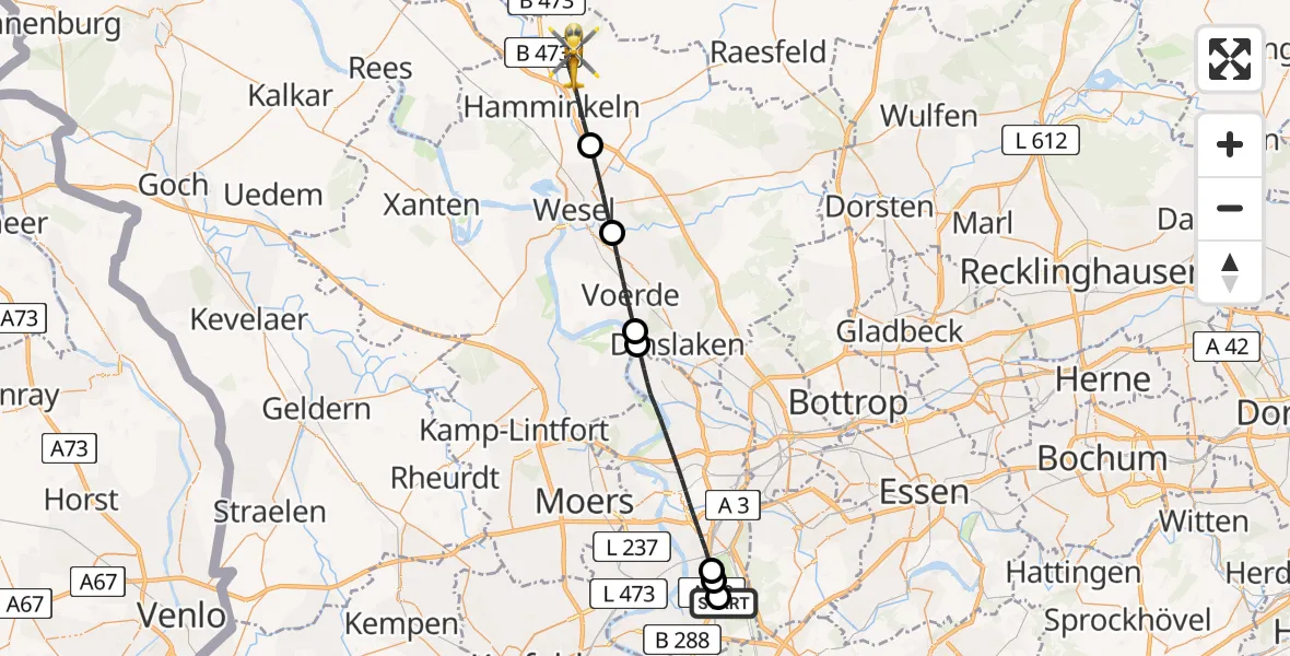 Flugroute Rettungshubschrauber Duisburg Air Rescue Hubschrauberlandeplatz (Christoph 9) - Hamminkeln, 08 Juni 2026, 18:22