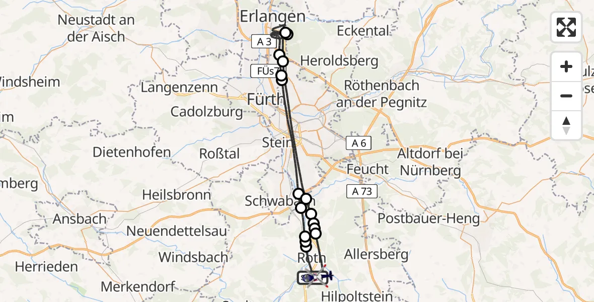Flugroute Polizeihubschrauber Roth - Flugplatz Roth, 08 Juni 2026, 18:30