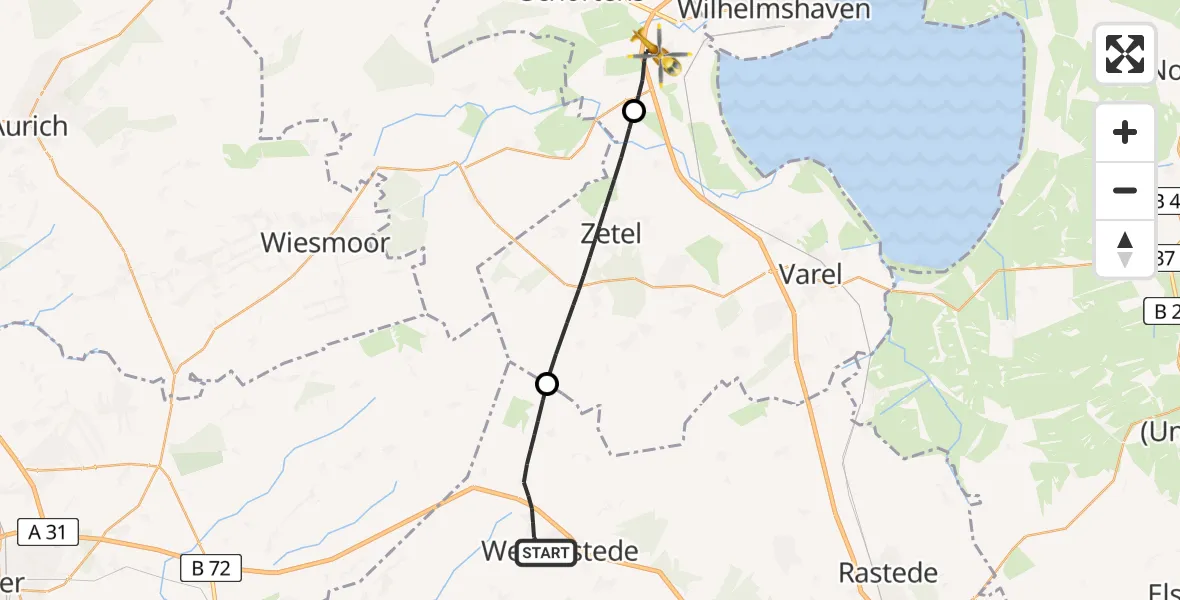 Flugroute Rettungshubschrauber Westerstede - Sande, 08 Juni 2026, 18:31