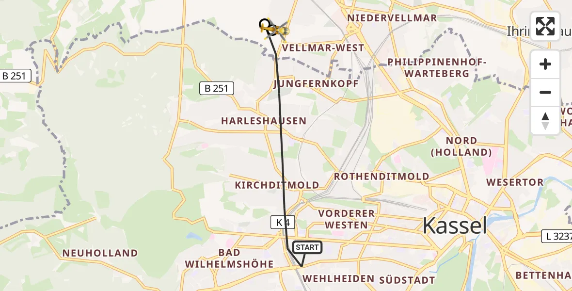 Flugroute Rettungshubschrauber Kassel - Vellmar, 08 Juni 2026, 18:32