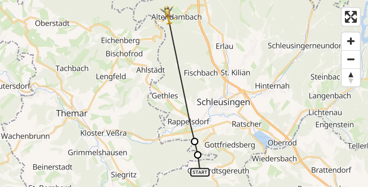 Flugroute Rettungshubschrauber Hildburghausen - Schleusingen, 08 Juni 2026, 18:37