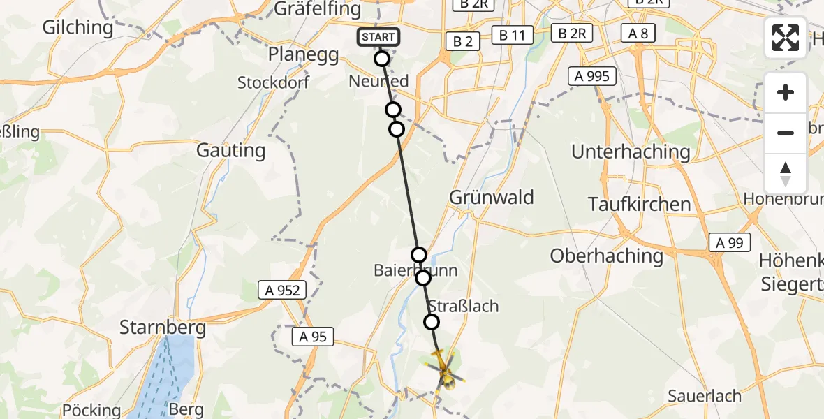 Flugroute Rettungshubschrauber DRF Air Rescue München Hubschrauberlandeplatz - Straßlach-Dingharting, 08 Juni 2026, 18:39