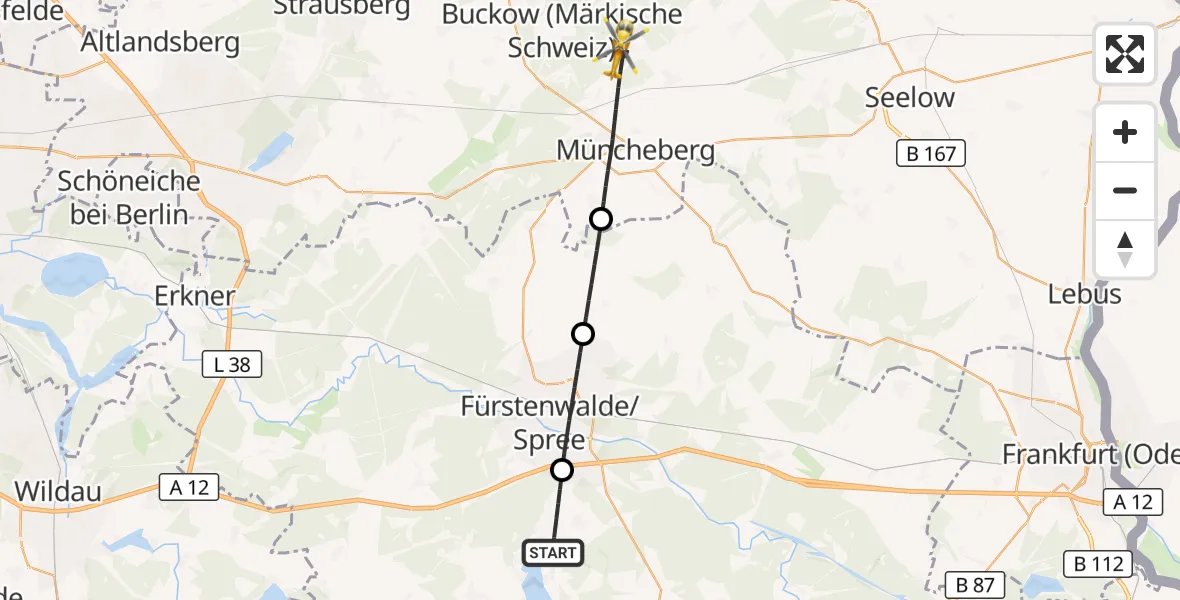 Flugroute Rettungshubschrauber Bad Saarow - Müncheberg, 08 Juni 2026, 18:39