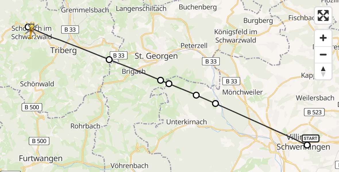 Flugroute Ambulanzhubschrauber DRF Air Rescue Station Villingen-Schwenningen Hubschrauberlandeplatz (Christoph 11) - Schonach im Schwarzwald, 08 Juni 2026, 18:41