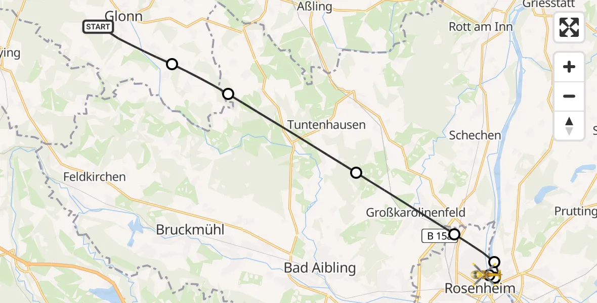 Flugroute Rettungshubschrauber Glonn - RoMed Hospital Rosenheim, 08 Juni 2026, 18:50