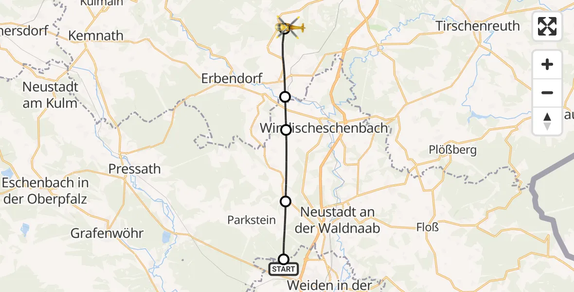 Flugroute Rettungshubschrauber Weiden i.d.OPf. - Friedenfels, 08 Juni 2026, 18:59