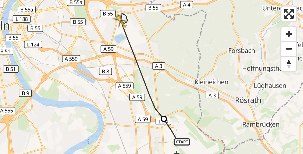 Flugroute Rettungshubschrauber Köln Bonn Flughafen - Köln, 08 Juni 2026, 19:01