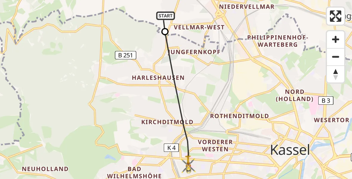 Flugroute Rettungshubschrauber Vellmar - Kassel, 08 Juni 2026, 19:02