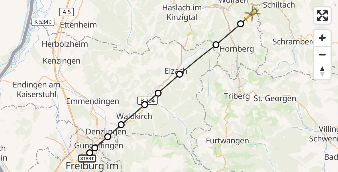 Flugroute Rettungshubschrauber Freiburg im Breisgau Flugplatz - Wolfach, 08 Juni 2026, 19:04