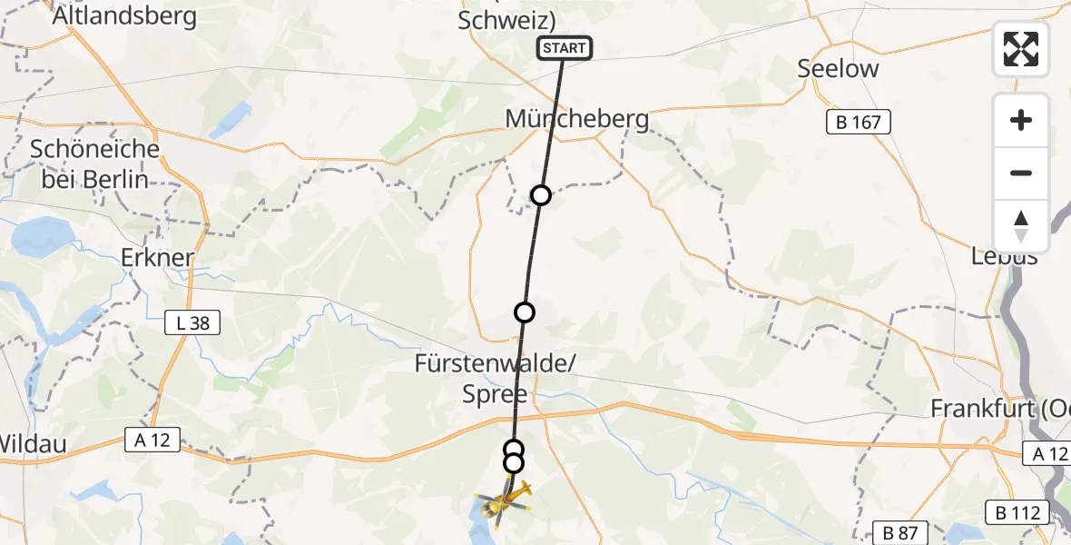 Flugroute Rettungshubschrauber Müncheberg - Bad Saarow, 08 Juni 2026, 19:14