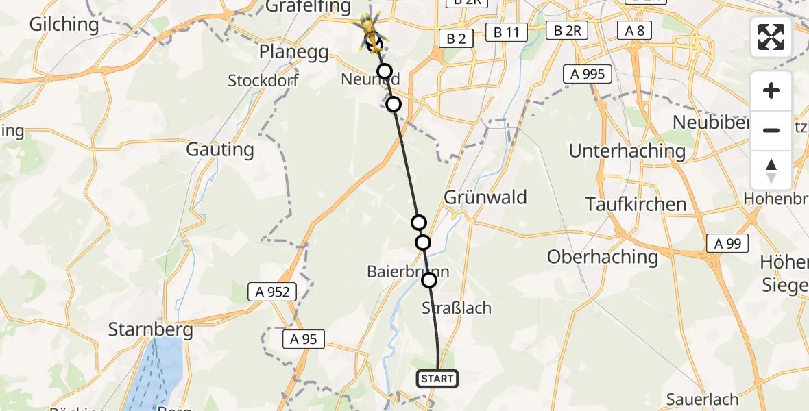 Flugroute Rettungshubschrauber Straßlach-Dingharting - DRF Air Rescue München Hubschrauberlandeplatz, 08 Juni 2026, 19:15