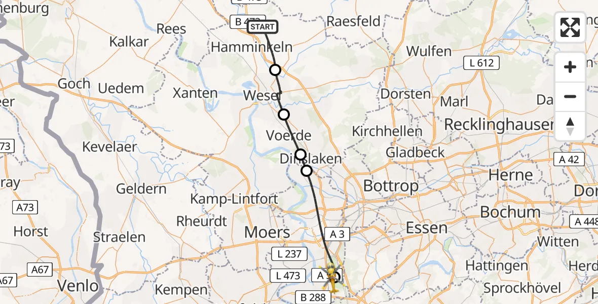 Flugroute Rettungshubschrauber Hamminkeln - Duisburg Air Rescue Hubschrauberlandeplatz (Christoph 9), 08 Juni 2026, 19:21
