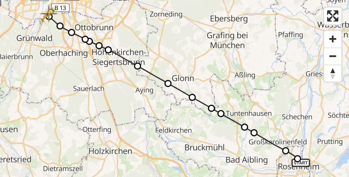 Flugroute Rettungshubschrauber RoMed Hospital Rosenheim - ADAC Air Rescue Center Hubschrauberlandeplatz (Christoph 1), 08 Juni 2026, 19:21