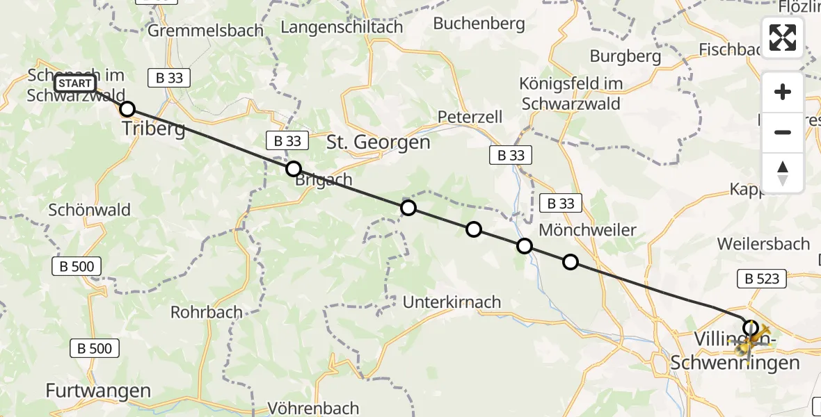 Flugroute Ambulanzhubschrauber Schonach im Schwarzwald - DRF Air Rescue Station Villingen-Schwenningen Hubschrauberlandeplatz (Christoph 11), 08 Juni 2026, 19:23
