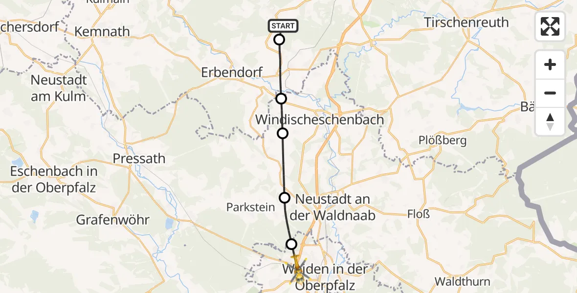 Flugroute Rettungshubschrauber Friedenfels - Weiden i.d.OPf., 08 Juni 2026, 19:24
