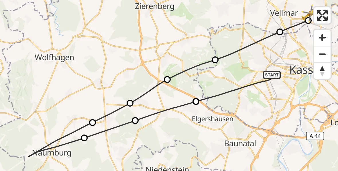 Flugroute Rettungshubschrauber Kassel - Fuldatal Bundespolizei Hubschrauberlandeplatz, 08 Juni 2026, 19:25