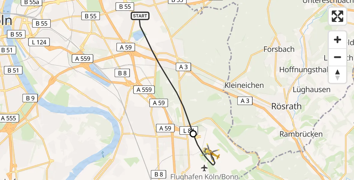 Flugroute Rettungshubschrauber Köln - Köln Bonn Flughafen, 08 Juni 2026, 19:26