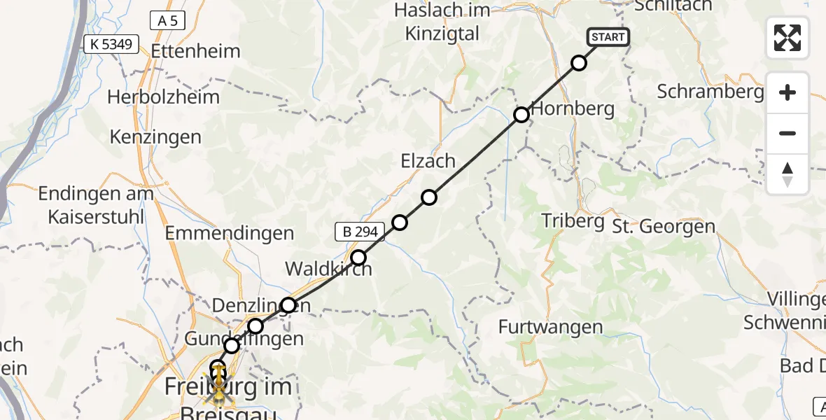 Flugroute Rettungshubschrauber Wolfach - Freiburg University Hospital Heliport 1, 08 Juni 2026, 19:36