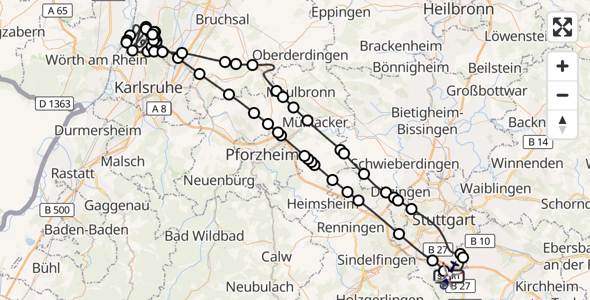 Flugroute Polizeihubschrauber Flughafen Stuttgart - Flughafen Stuttgart, 08 Juni 2026, 19:56