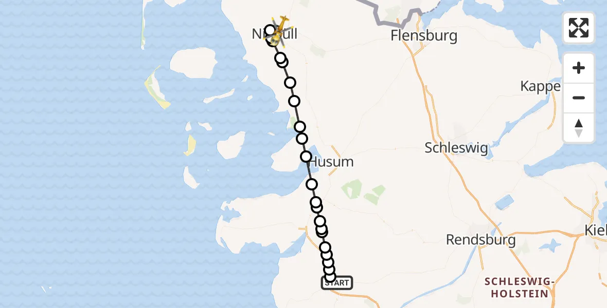 Flugroute Rettungshubschrauber Heide - Niebüll, 08 Juni 2026, 21:16
