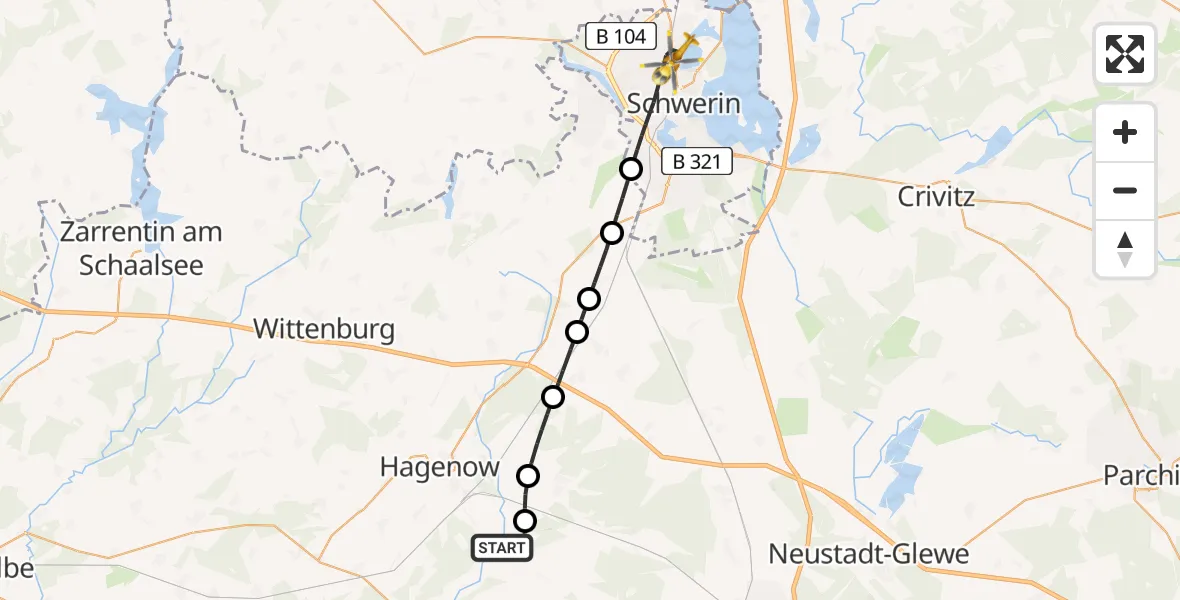 Flugroute Rettungshubschrauber Kuhstorf - Schwerin, 08 Juni 2026, 22:09