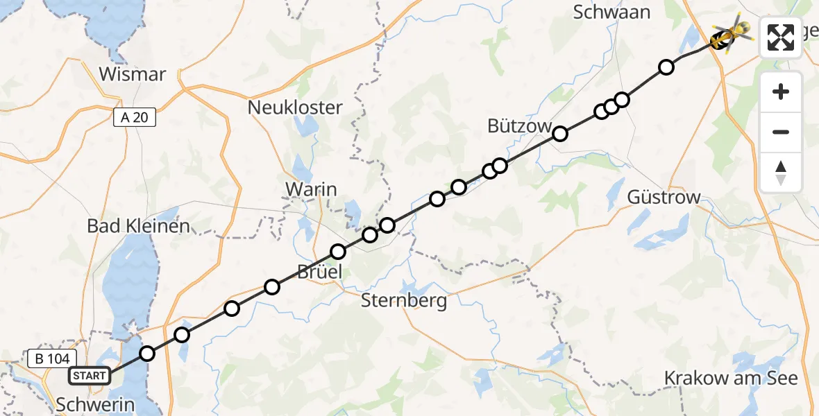 Flugroute Rettungshubschrauber Schwerin - Flughafen Rostock-Laage, 08 Juni 2026, 23:23