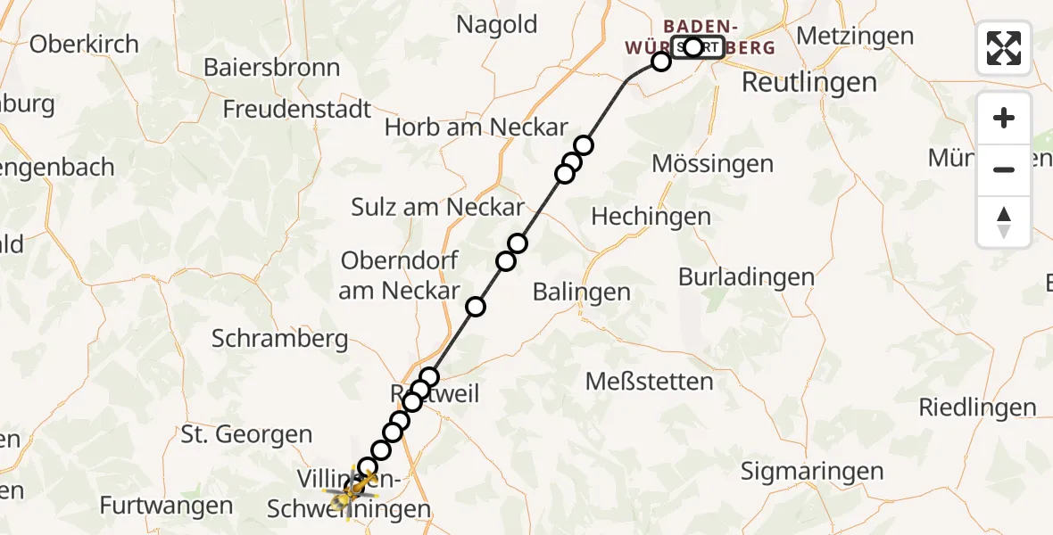 Flugroute Ambulanzhubschrauber Tübingen University Hospital - DRF Air Rescue Station Villingen-Schwenningen Hubschrauberlandeplatz (Christoph 11), 08 Juni 2026, 23:27