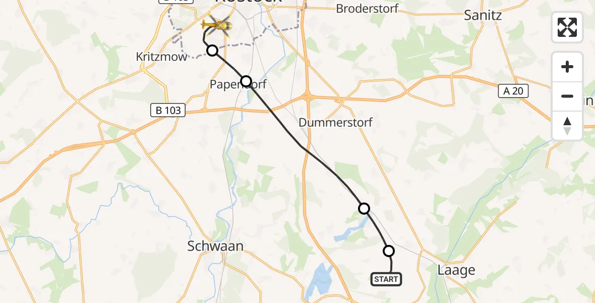 Flugroute Rettungshubschrauber Flughafen Rostock-Laage - Rostock, 08 Juni 2026, 23:57