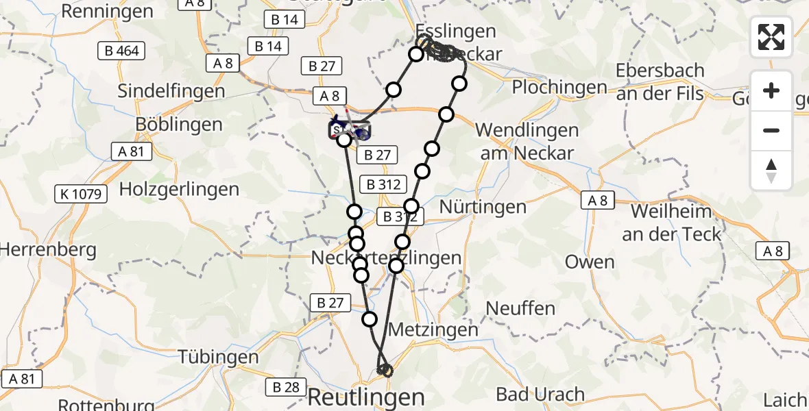 Flugroute Polizeihubschrauber Flughafen Stuttgart - Flughafen Stuttgart, 09 Juni 2026, 01:29