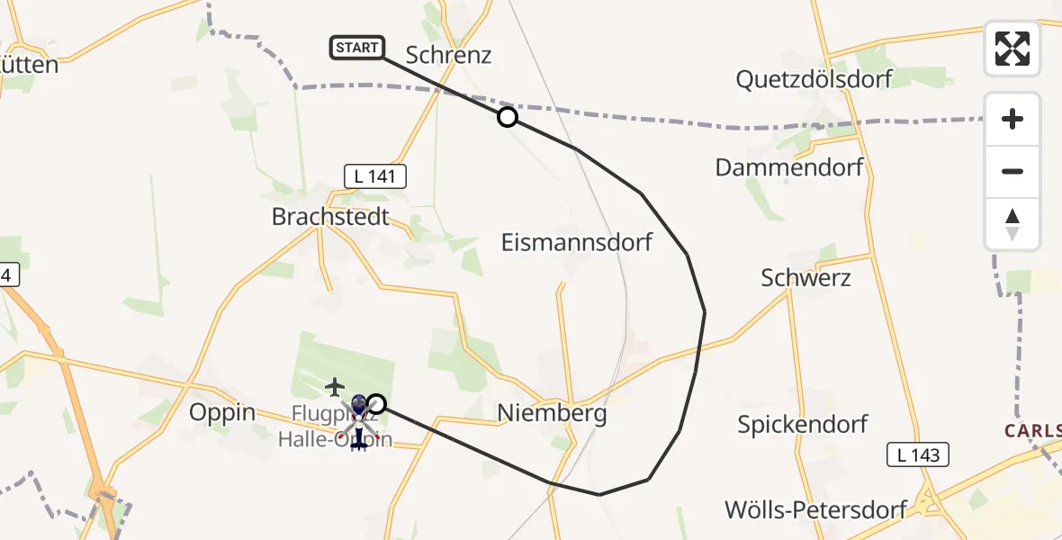 Flugroute Polizeihubschrauber Zörbig - Halle-Oppin Flugplatz, 09 Juni 2026, 02:33
