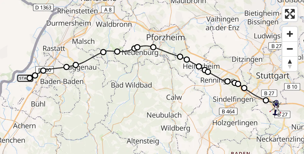 Flugroute Polizeihubschrauber Karlsruhe Baden-Baden Flughafen - Flughafen Stuttgart, 09 Juni 2026, 04:30