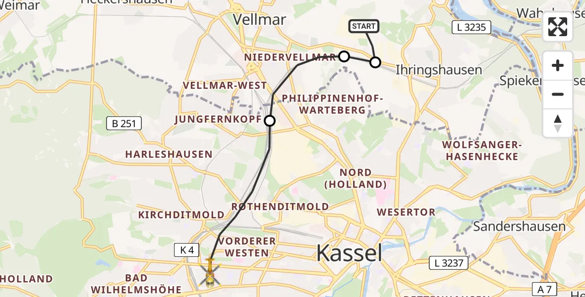 Flugroute Rettungshubschrauber Fuldatal Bundespolizei Hubschrauberlandeplatz - Kassel, 09 Juni 2026, 04:59