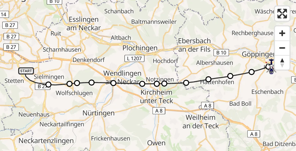 Flugroute Polizeihubschrauber Flughafen Stuttgart - Göppingen, 09 Juni 2026, 05:05
