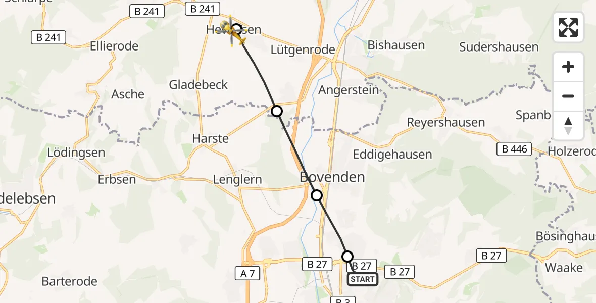Flugroute Rettungshubschrauber Göttingen University Clinic Hubschrauberlandeplatz - Hardegsen, 09 Juni 2026, 05:13