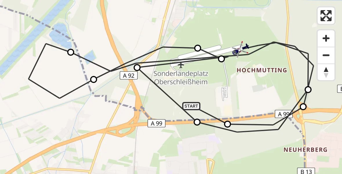 Flugroute Polizeihubschrauber Oberschleißheim - Oberschleissheim Hubschrauberlandeplatz, 09 Juni 2026, 05:29
