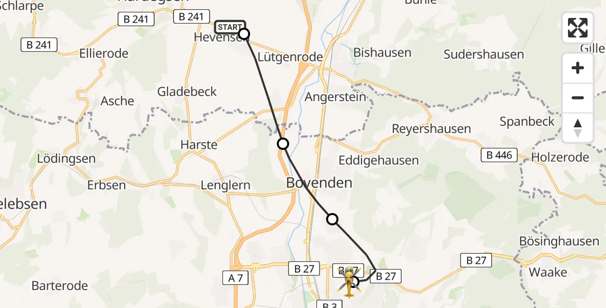 Flugroute Rettungshubschrauber Hardegsen - Göttingen University Clinic Hubschrauberlandeplatz, 09 Juni 2026, 05:59