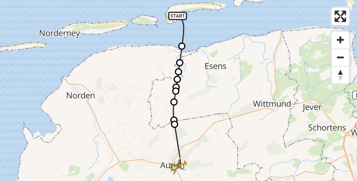 Flugroute Rettungshubschrauber Noordzee - Aurich, 09 Juni 2026, 05:59
