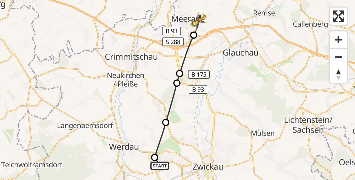 Flugroute Rettungshubschrauber ADAC Air Rescue Station Zwickau Hubschrauberlandeplatz - Meerane, 09 Juni 2026, 06:05