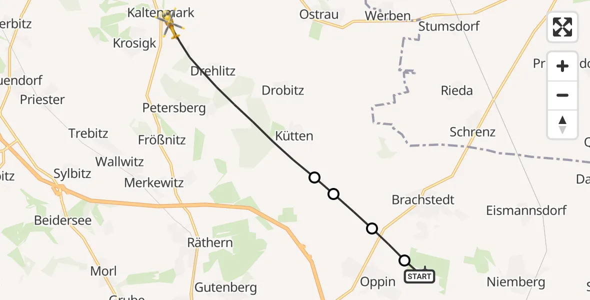 Flugroute Rettungshubschrauber Halle-Oppin Flugplatz - Petersberg, 09 Juni 2026, 06:06