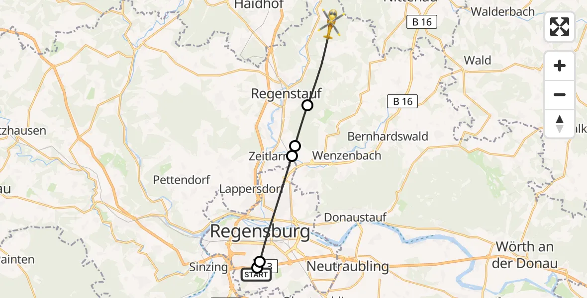 Flugroute Ambulanzhubschrauber DRF Air Rescue Station Regensburg / Regensburg University Hospital - Regenstauf, 09 Juni 2026, 06:07