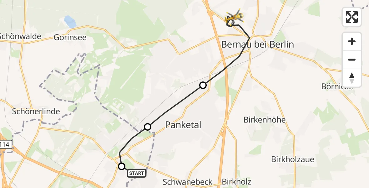 Flugroute Rettungshubschrauber Helios Clinic Berlin-Buch - Bernau bei Berlin, 09 Juni 2026, 06:22