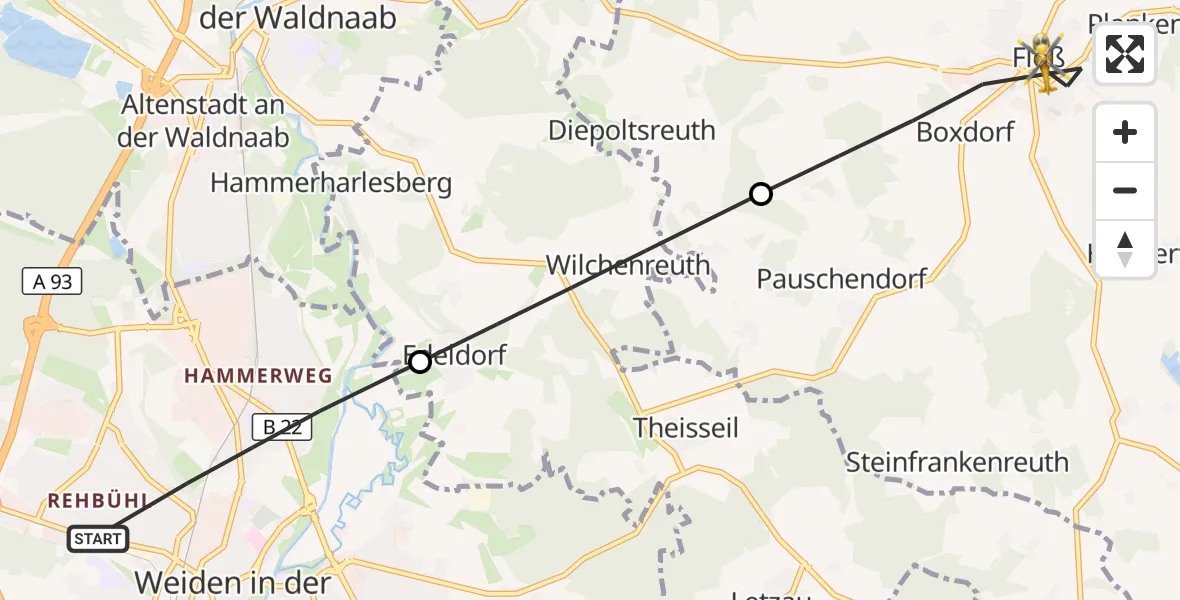 Flugroute Rettungshubschrauber Weiden i.d.OPf. - Floß, 09 Juni 2026, 06:35